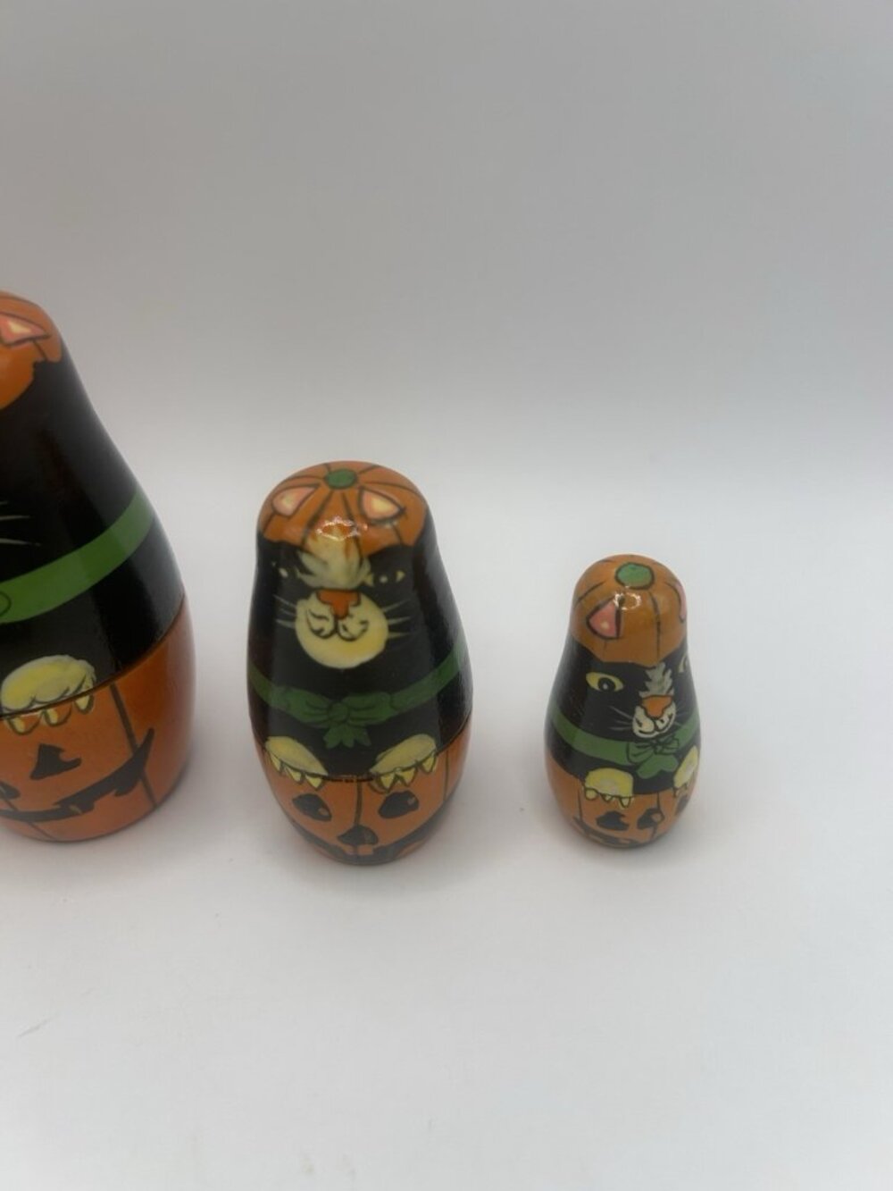 Halloween Kitty Cat Pumpkin Hand-Painted Wood Stacking Nesting Dolls Five Vtg - Picture 5 of 16